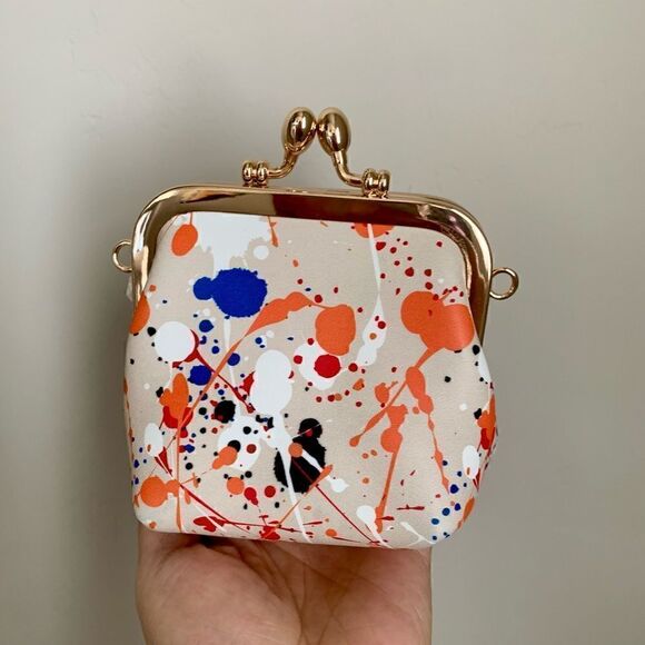 Handmade Genuine Leather Splatter Printed Wooden Frame Clutch with Small Purse - Picture 13 of 16